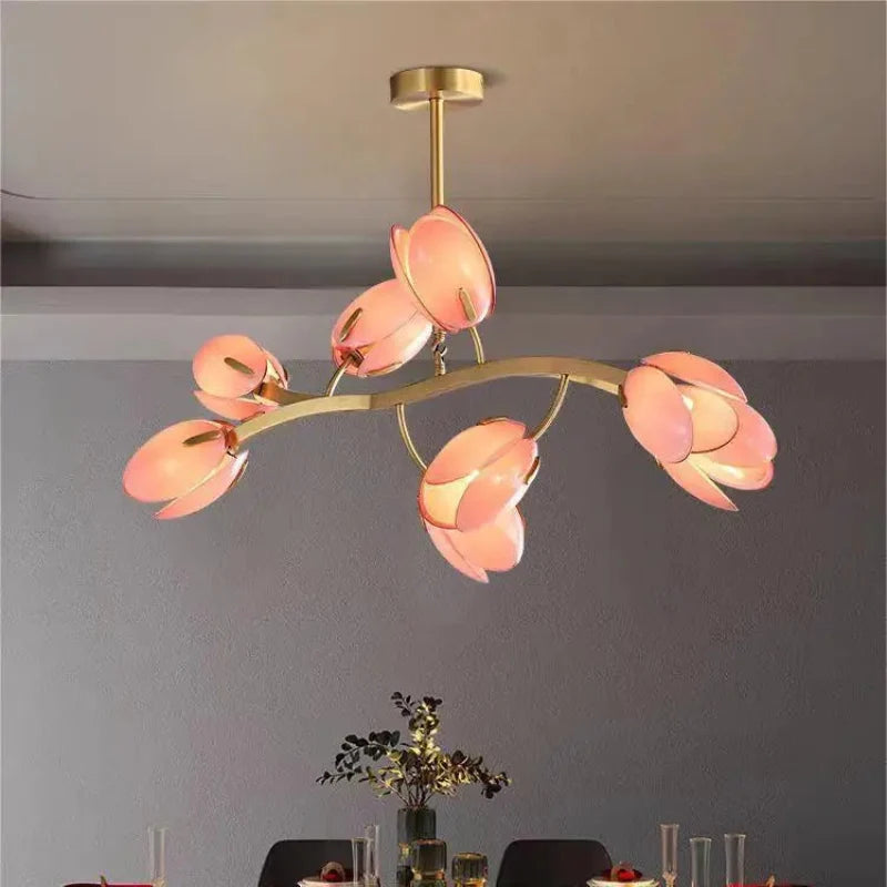 Modern Tulipe chandelier featuring flower-pod glass shades and copper finish, elegant LED hanging light fixture
