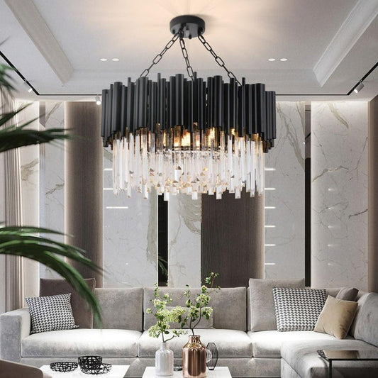 Grand luxurious crystal chandelier. Round black framework combined with luxury K9 crystals and modern LED light sources. A modern heart encapsulated in classic design. Perfect for refining dining rooms, living areas, hallways, entrance halls, etc. 4 sizes - 45-100cm Two emitting colors - Warm light(3000K), Cool light(6000K) Black modern chandelier lighting for living room luxury round crystal lamp home decoration chain led cristal light fixtures