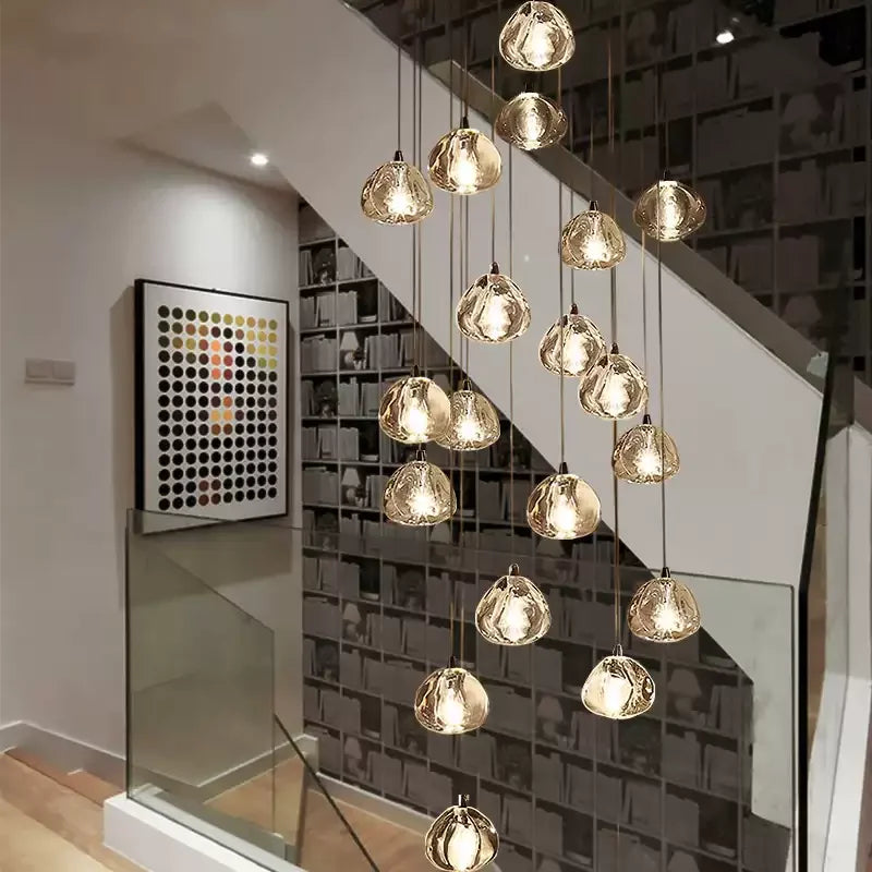 Lustra Vela modern crystal chandelier with chrome finish and transparent glass drops—Scandinavian semi-flush ceiling light for living rooms, dining areas, and entryways.