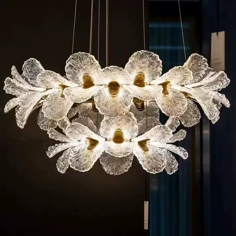 Luxury Floraè LED pendant chandelier with layered floral petal design and gold detailing for duplex staircases and grand interiors