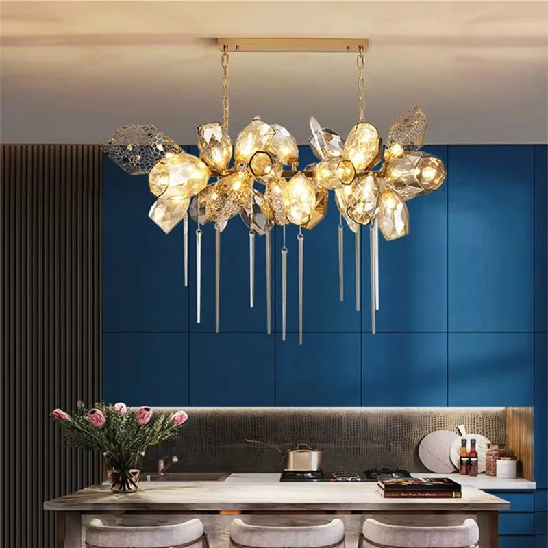 Éclat Lumière luxury chandelier with K9 crystal, golden cognac and smoky grey glass, stainless steel designer lighting fixture