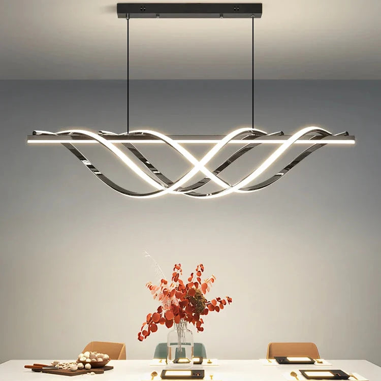 Linea modern Nordic chandelier in Black or Titanium Gold finish with sleek silhouette, dimmable LED lighting, and remote control — ideal for kitchens, dining rooms, or contemporary interiors.