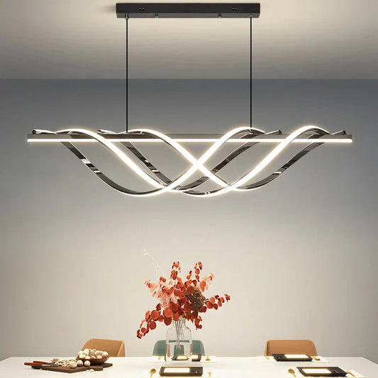 Linea modern Nordic chandelier in Black or Titanium Gold finish with sleek silhouette, dimmable LED lighting, and remote control — ideal for kitchens, dining rooms, or contemporary interiors.